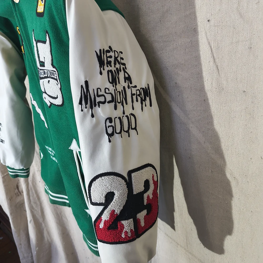 Black Pharoah Boy s Varsity Jacket Green & White W/Hood & Graphics / Patches